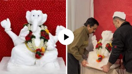 ‘घरापासून १५ हजार किमी दूर…’ अंटार्क्टिकात बर्फापासून साकारली बाप्पांची मूर्ती; Video Viral