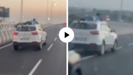 ‘सिंघम’ स्टाईलमध्ये पोलिसांची ॲक्शन! गुटखा तस्करांच्या कारच्या छतावर लटकत केला थरारक पाठलाग; Video Viral