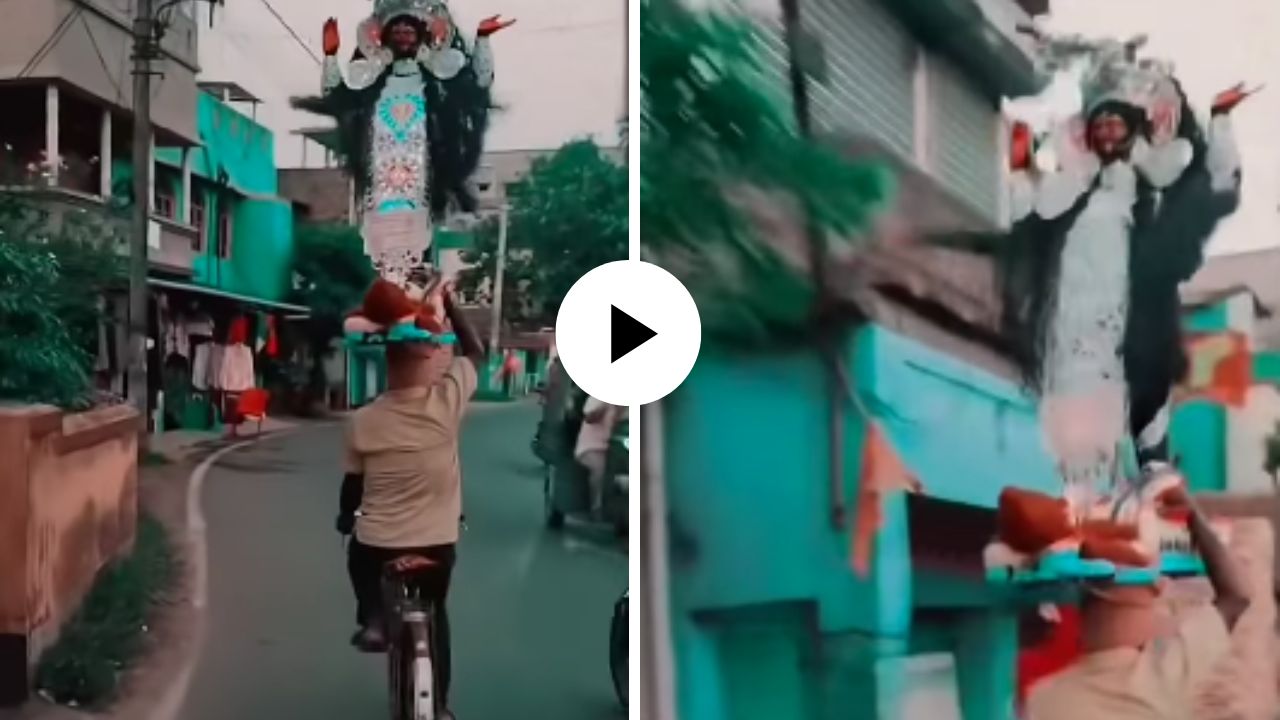 भक्तीची कमाल अन् अफलातून बॅलन्स! डोक्यावर देवीची मूर्ती ठेवून सायकलवर स्वार झाला तरुण; चकित करणारा Video Viral