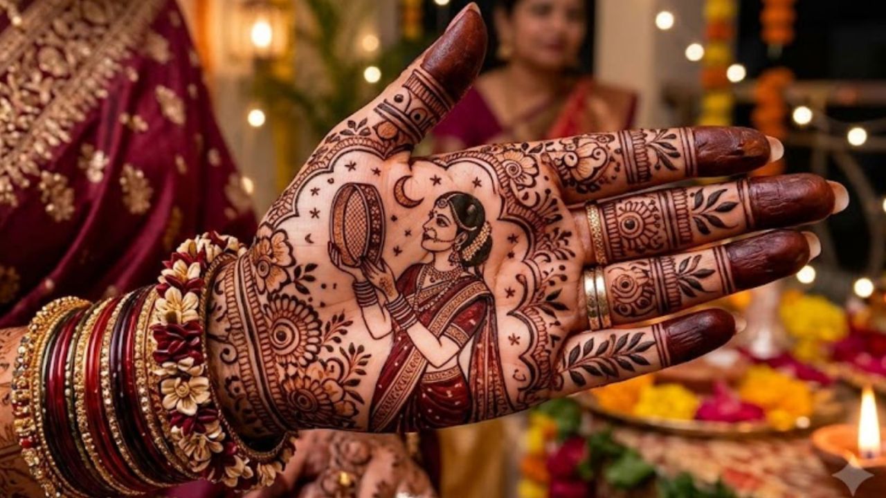 चाळणीतून चंद्राकडे पाहणाऱ्या स्त्रीचे डिझाइन काढू शकता. डिझाइनच्या भोवती लहान फुले आणि वेली काढल्याने मेहंदीचे सौंदर्य अधिक वाढेल. ज्या महिलांना आपल्या हातांवर करवा चौथच्या विधीचे प्रतीक हवे आहे, त्यांना हे डिझाइन आवडू शकते.