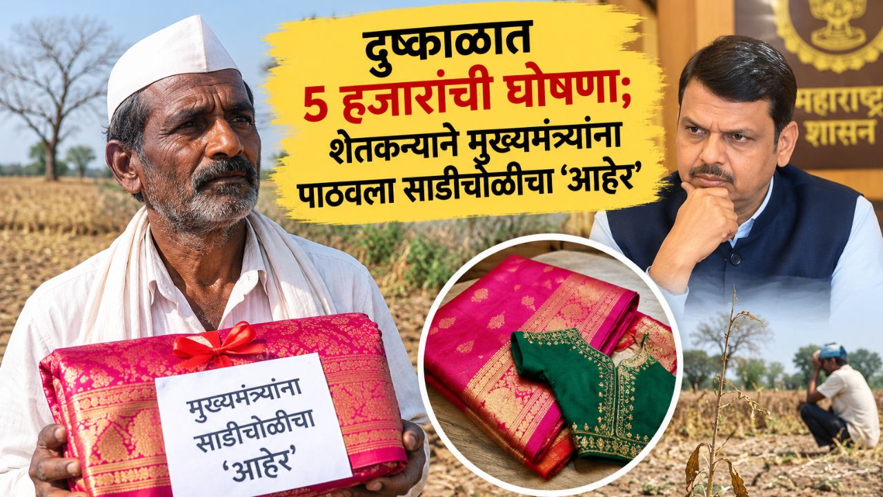 Maharashtra Drought 2026: दुष्काळात ५ हजारांची घोषणा; शेतकऱ्याने मुख्यमंत्र्यांना पाठवला साडीचोळीचा ‘आहेर’