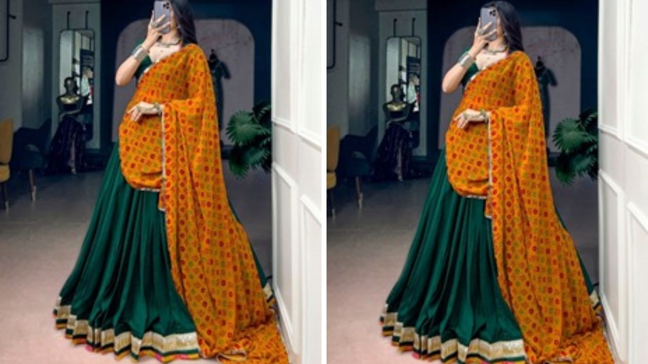 हिरव्या रंगाची चनिया चोली किंवा कुर्ता सेट बांधणी दुपट्ट्यासोबत पेअर करून लूकला पारंपरिक टच द्या. या लूकसोबत सिल्व्हर ज्वेलरी विशेष खुलून दिसते.
