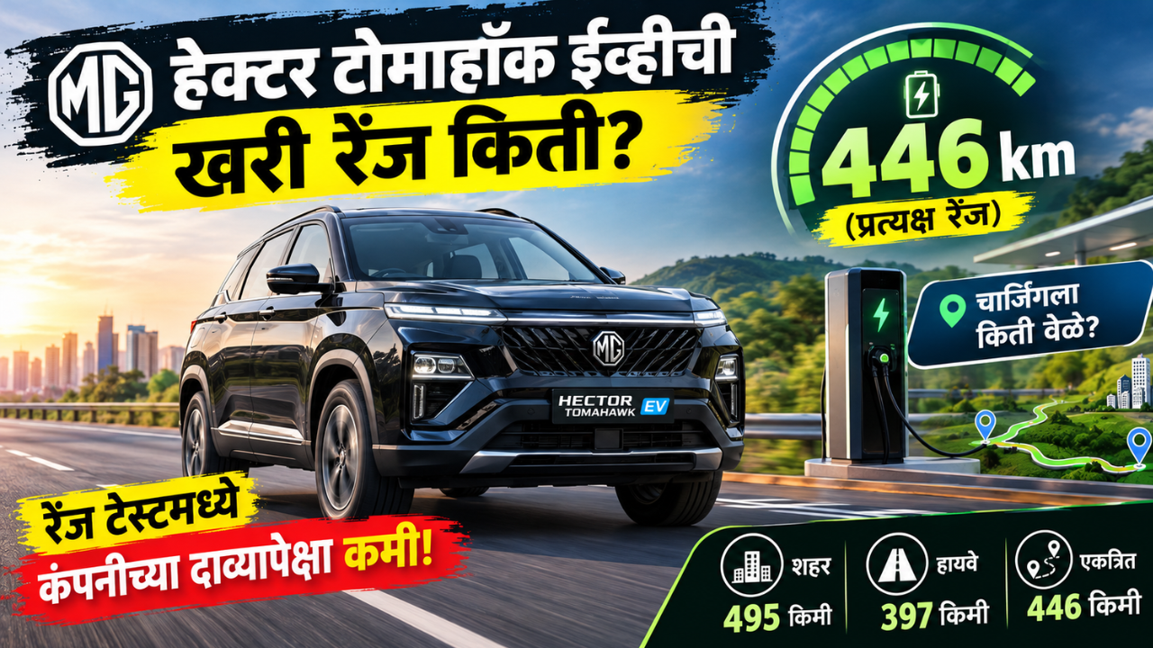 MG हेक्टर टोमाहॉक ईव्हीची खरी रेंज किती? टेस्टमध्ये एका चार्जवर धावली 446 किमी! जाणून घ्या डिटेल मध्ये
