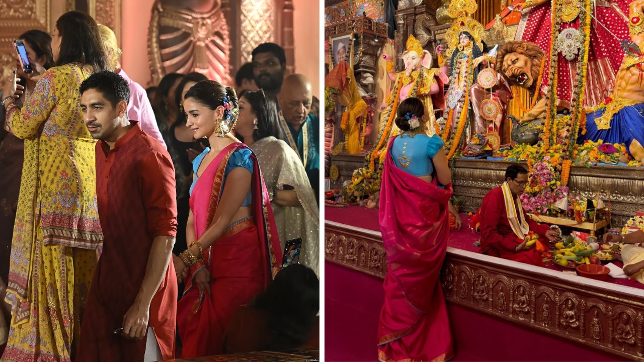 आलियाचा यावेळीसा लूक खास आहे, कारण तिने पारंपरिक बंगाली पद्धतीने साडी नेसली होती, साडीसोबत फिरोजी निळ्या रंगाचा फिटिंगचा ब्लाउज घातला होता. त्याच्या गोल गळ्यामुळे आणि किंचित फुगीर बाह्यांमुळे संपूर्ण लुकला एक क्लासी टच मिळाला होता. गुलाबी आणि निळ्या रंगाच्या कॉन्ट्रास्टमुळे तिचा पारंपरिक पोशाख आणखीनच खास बनला होता. 