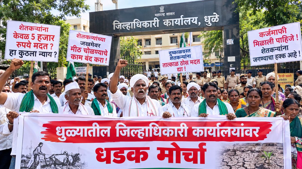 Dhule March : धुळ्यातील जिल्हाधिकारी कार्यालयांवर धडक मोर्चा, फक्त 5 हजार रुपयाची मदत, शेतकऱ्यांच्या जखमेवर मीठ चोळण्याचे काम